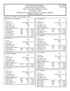 Election Summary Report Gubernatorial General Election State of Maryland, Baltimore County November 2, 2010 Summary For Jurisdiction Wide, All Counters, All Races OFFICIAL RESULTS