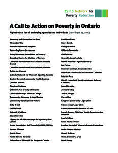 A Call to Action on Poverty in Ontario Alphabetical list of endorsing agencies and individuals (as of Sept. 23, 2011) Advocacy and Protective Services Furniture Bank