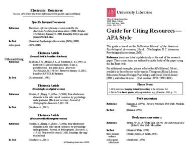 Electronic Resources See also: APA Online Electronic References (www.apastyle.org/elecref.html) Specific Internet Document Reference:
