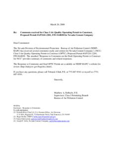 March 20, 2008  Re: Comments received for Class I Air Quality Operating Permit to Construct, Proposed Permit #AP3241-2201, FIN #A0030 for Nevada Cement Company