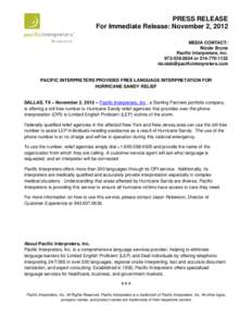 Microsoft Word - Press Release - Pacific Interpreters Provides Free Language Interpretation for Hurricane Sandy Relief[removed]