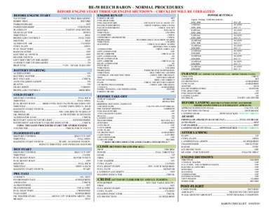 BE-58 BEECH BARON – NORMAL PROCEDURES BEFORE ENGINE START THROUGH ENGINE SHUTDOWN – CHECKLIST WILL BE VERBALIZED BEFORE ENGINE START ENGINE RUN-UP