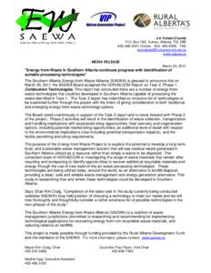 c/o Vulcan County P.O. Box 180, Vulcan, Alberta, T0L 2B0[removed]Voice[removed] - FAX [removed] www.saewa.ca MEDIA RELEASE