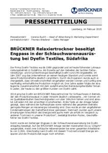 Brückner Trockentechnik GmbH & Co. KG BenzstrasseLeonberg Germany Tel.: +Fax: +254 E-Mail:  http://www.brueckner-tm.de  PRESSEMITTEILUNG