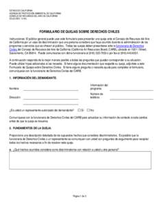 ESTADO DE CALIFORNIA AGENCIA DE PROTECCIÓN AMBIENTAL DE CALIFORNIA CONSEJO DE RECURSOS DEL AIRE DE CALIFORNIA EO-33 (REVFORMULARIO DE QUEJAS SOBRE DERECHOS CIVILES