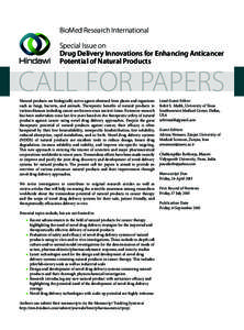 BioMed Research International Special Issue on Drug Delivery Innovations for Enhancing Anticancer Potential of Natural Products  CALL FOR PAPERS