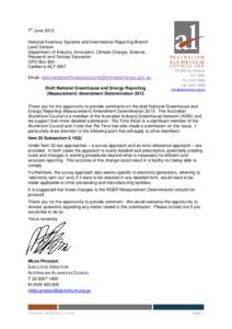 7th June 2013 National Inventory Systems and International Reporting Branch Land Division Department of Industry, Innovation, Climate Change, Science, Research and Tertiary Education GPO Box 854