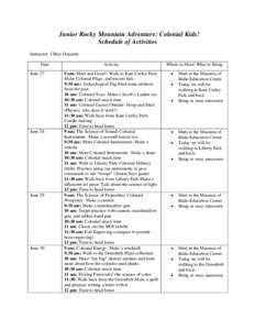 Junior Rocky Mountain Adventure: Colonial Kids! Schedule of Activities Instructor: Chloe Doucette Date June 27