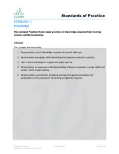 Standards of Practice STANDARD I Knowledge The Licensed Practical Nurse bases practice on knowledge acquired from nursing science and the humanities. Indicators