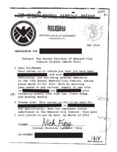 OFFICIAL S.H.I.E.L.D. DOCUMENT WASHINGTON, D.C. DEC 2014 MEMORANDUM FOR Subject: Top Secret Delivery of Emerald City