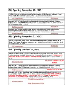 Bid Opening December 19, 2013 PROJECT NO. C10418 Anonymous Re-Identification (ARID) Sensors to Detect Travel Time and Traffic Incidents Addendum No. 1 issued December 11, 2013. Bid Results  Bid Advertisement