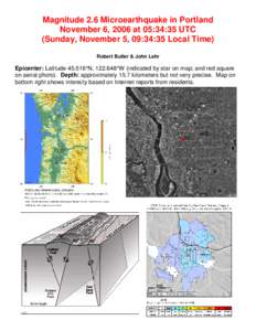 Magnitude 2.6 Microearthquake in Portland November 6, 2006 at 05:34:35 UTC (Sunday, November 5, 09:34:35 Local Time) Robert Butler & John Lahr  Epicenter: Latitude[removed]°N, [removed]°W (indicated by star on map; and red