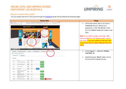 ONLINE LEVEL ONE UMPIRES COURSE PARTICIPANT LOG IN DETAILS How do I enrol in the course? You can access and enrol in the course through the MyNetball portal and by following the following steps: Screen Shot