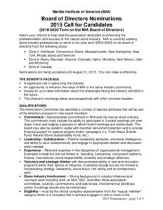 Marble Institute of America (MIA)  Board of Directors Nominations 2015 Call for CandidatesTerm on the MIA Board of Directors) Here’s your chance to help lead the association dedicated to enhancing the