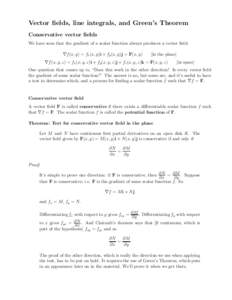 Vector fields, line integrals, and Green’s Theorem Conservative vector fields We have seen that the gradient of a scalar function always produces a vector field: ∇f(x, y) = fx (x, y)i + fy (x, y)j = F(x, y)  [in the 