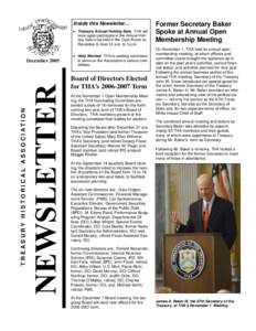 Inside this Newsletter… • Treasury Annual Holiday Sale. THA will once again participate in the Annual Holiday Sale to be held in the Cash Room on December 8, from 10 a.m. to 3 p.m.  December 2005