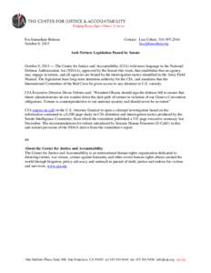 For Immediate Release October 8, 2015 Contact: Lisa Cohen, Anti-Torture Legislation Passed by Senate