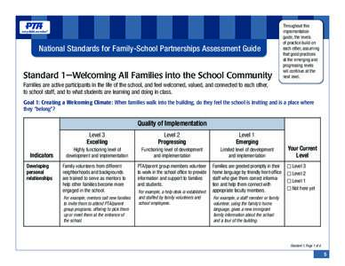 National Standards for Family-School Partnerships Assessment Guide  Standard 1—Welcoming All Families into the School Community Throughout this implementation