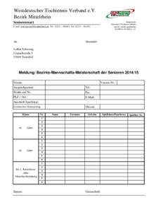 Westdeutscher Tischtennis Verband e.V. Bezirk Mittelrhein Seniorenwart Mitglied des Deutschen Tischtennis-Bundes