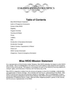 Table of Contents Miss WEIO Mission Statement Letter to Prospective Contestants Duties of Miss WEIO Eligibility Pageant Activities