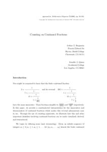 appeared in: Mathematics Magazine), ppCopyright the Mathematical Association of AmericaAll rights reserved. Counting on Continued Fractions  Arthur T. Benjamin