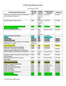 COPS Specifications Plan As of August 7, 2013 Product/Specification Name Traffic Control Signal and Device Evaluation and Certification/Approval
