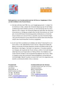 Stellungnahmen vom Fremdenverkehrsamt der VR China zur Vogelgrippe in China und dem Erdbeben in der Provinz Sichuan