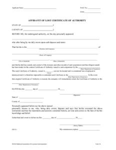 AFFIDAVIT OF LOST CERTIFICATE OF AUTHORITY