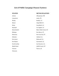 List of Public Campaign Finance Systems  STATES MUNICIPALITIES