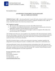 For immediate release    ADVERTISING STANDARDS CANADA RELEASES   2007 AD COMPLAINTS REPORT    