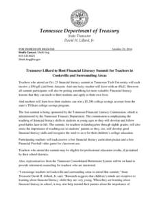 Tennessee Department of Treasury State Treasurer David H. Lillard, Jr. FOR IMMEDIATE RELEASE Media Contact: Shelli King