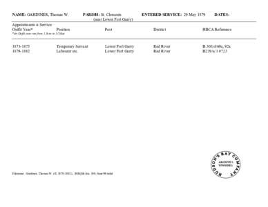 NAME: GARDINER, Thomas W. Appointments & Service Outfit Year* PARISH: St. Clements (near Lower Fort Garry)