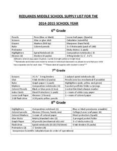 REDLANDS MIDDLE SCHOOL SUPPLY LIST FOR THE[removed]SCHOOL YEAR 6th Grade Pencils Scissors Erasers