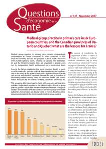 n° 127 - NovemberMedical group practice in primary care in six European countries, and the Canadian provinces of Ontario and Quebec: what are the lessons for France? Yann Bourgueil, Anna Marek, Julien Mousquès  