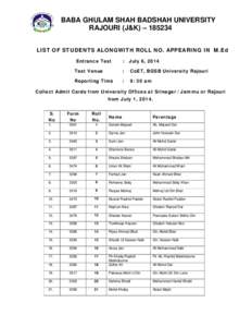 BABA GHULAM SHAH BADSHAH UNIVERSITY RAJOURI (J&K) – [removed]LIST OF STUDENTS ALONGWITH ROLL NO. APPEARING IN M.Ed Entrance Test  :