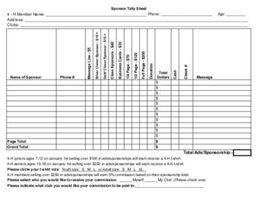 Sponsor Tally Sheet  Page Total Grand Total  Check #