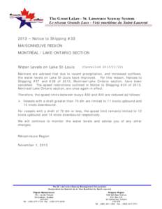 2013 – Notice to Shipping #33 MAISONNEUVE REGION MONTRÉAL / LAKE ONTARIO SECTION Water Levels on Lake St-Louis  (Cancelled[removed])