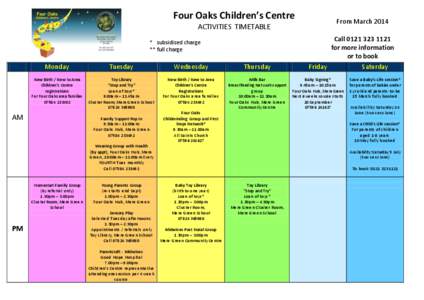 Four Oaks Children’s Centre ACTIVITIES TIMETABLE * subsidised charge ** full charge  Monday