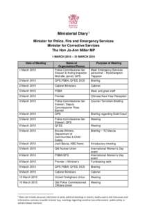 Ministerial Diary 1 Minister for Police, Fire and Emergency Services Minister for Corrective Services The Hon Jo-Ann Miller MP 1 MARCH 2015 – 31 MARCH 2015 Date of Meeting