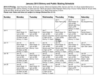 January 2015 Shinny and Public Skating Schedule