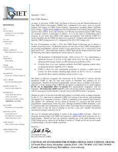 September 7, 2012 Dear CSIET Members: Board of Directors Chair, DAVID VODILA National Association of Secondary