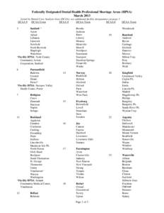 Federally Designated Dental Health Professional Shortage Areas (HPSA) March 2013 Listed by Dental Care Analysis Area (DCAA); see additional facility designations on page 3 DCAA # DCAA Town DCAA #