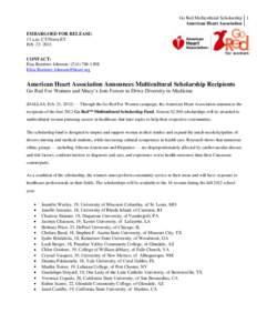 Go Red Multicultural Scholarship 1 American Heart Association EMBARGOED FOR RELEASE: 11 a.m. CT/Noon ET Feb[removed]CONTACT: