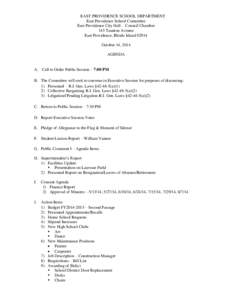 EAST PROVIDENCE SCHOOL DEPARTMENT East Providence School Committee East Providence City Hall - Council Chamber 145 Taunton Avenue East Providence, Rhode Island[removed]October 14, 2014