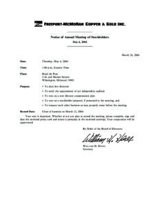Notice of Annual Meeting of Stockholders May 6, 2004 March 24, 2004 Date: