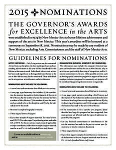 2015  nominations THE GOV ER NOR’S AWA R DS f o r EXCELLENCE i n t h e A RTS