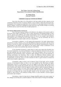 LC Paper No. CB[removed]) The Chinese University of Hong Kong Department of Government & Public Administration Dr. Wilson Wong Assistant Professor Comments to Legco on “Civil Service Reform”