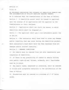 ARTICLE IV Title 10 AN ORDINANCE REGULATING THE ISSUANCE OF DEMOLITION PERMITS AND THE DISCONNECTION OF UTILITY SERVICES RELATED THERETO Be It Ordained That the Commissioners of the Town of Felton: Section 1 - A demoliti