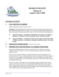 BOARD OF HEALTH Minutes of August 2 and 3, 2004 SUMMARY OF ITEMS 1)