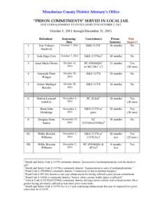 Mendocino County District Attorney’s Office “PRISON COMMITMENTS” SERVED IN LOCAL JAIL DUE TO REALIGNMENT STATUTES, EFFECTIVE OCTOBER 1, 2011 October 1, 2011 through December 31, 2011